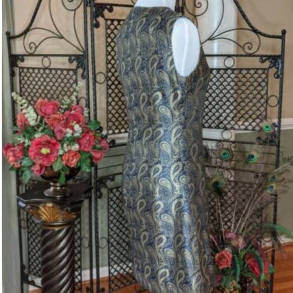 Navy Blue & Gold Paisley Brocade Sheath Dress - Picture 8 of 8